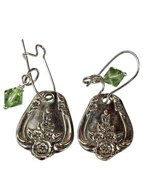 Silver Floral Spoon Handle Earrings with Green Crystal Beads Dangle Drop VTG